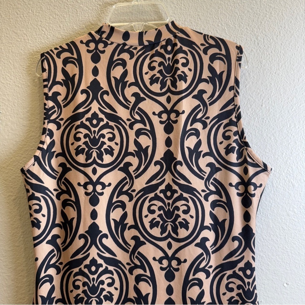 Sleeveless Bodycon Midi Dress Size Large Black Tan Damask Mock Neck Elegant - Picture 6 of 8
